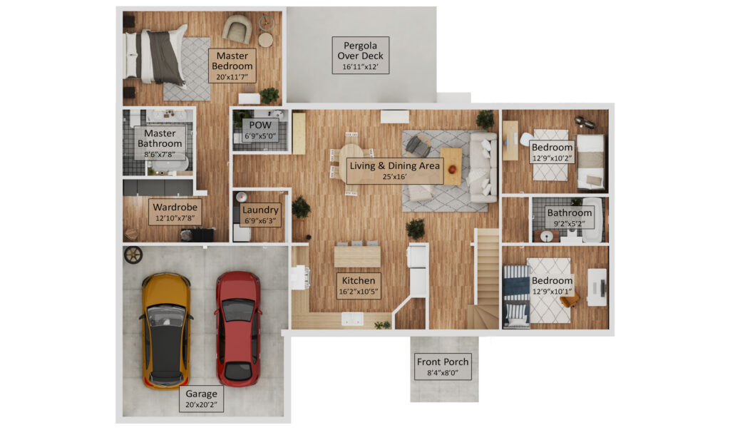 Small Farm House Plans Modern 3 Bedroom with 2 Car Garage Floor-Plan