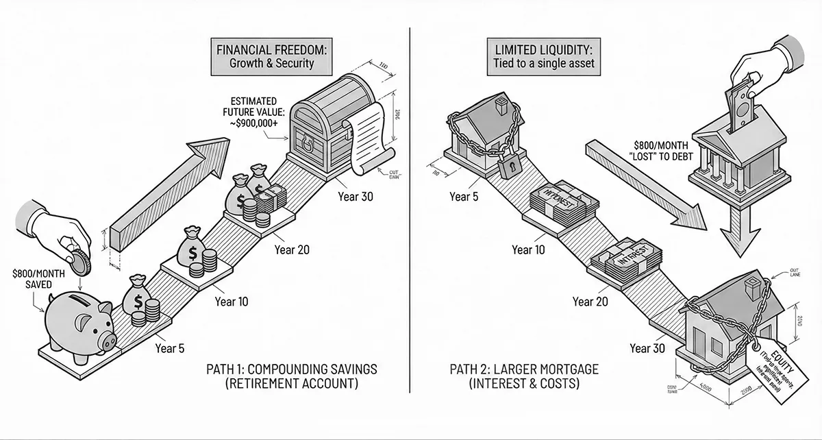 Technical diagram comparing two 30-year financial paths: "Path 1" shows $800/month compounding into a large retirement fund, while "Path 2" shows the same amount lost to interest and locked equity in a larger mortgage.