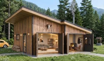 24x24 small house with a mono-pitch roof and wide double doors opening onto the living room