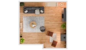 24x24 house floor plan with an open living area and kitchen counter