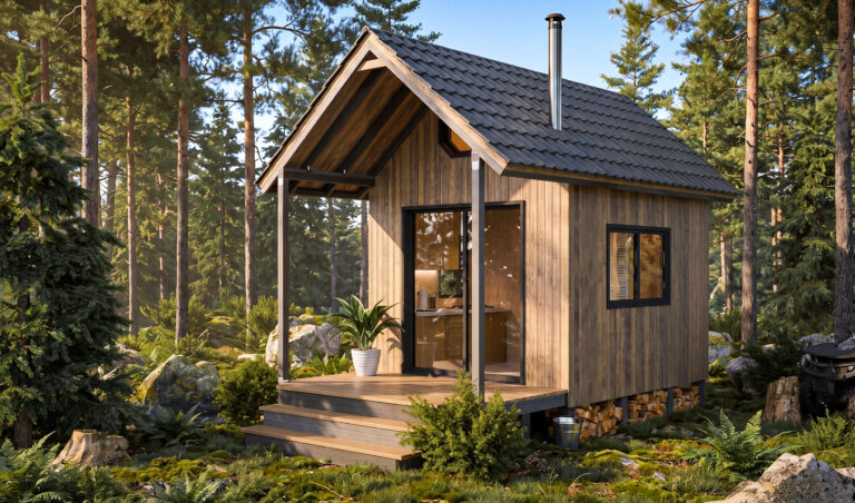 10x12 tiny house with extended-roof porch and glass entry door