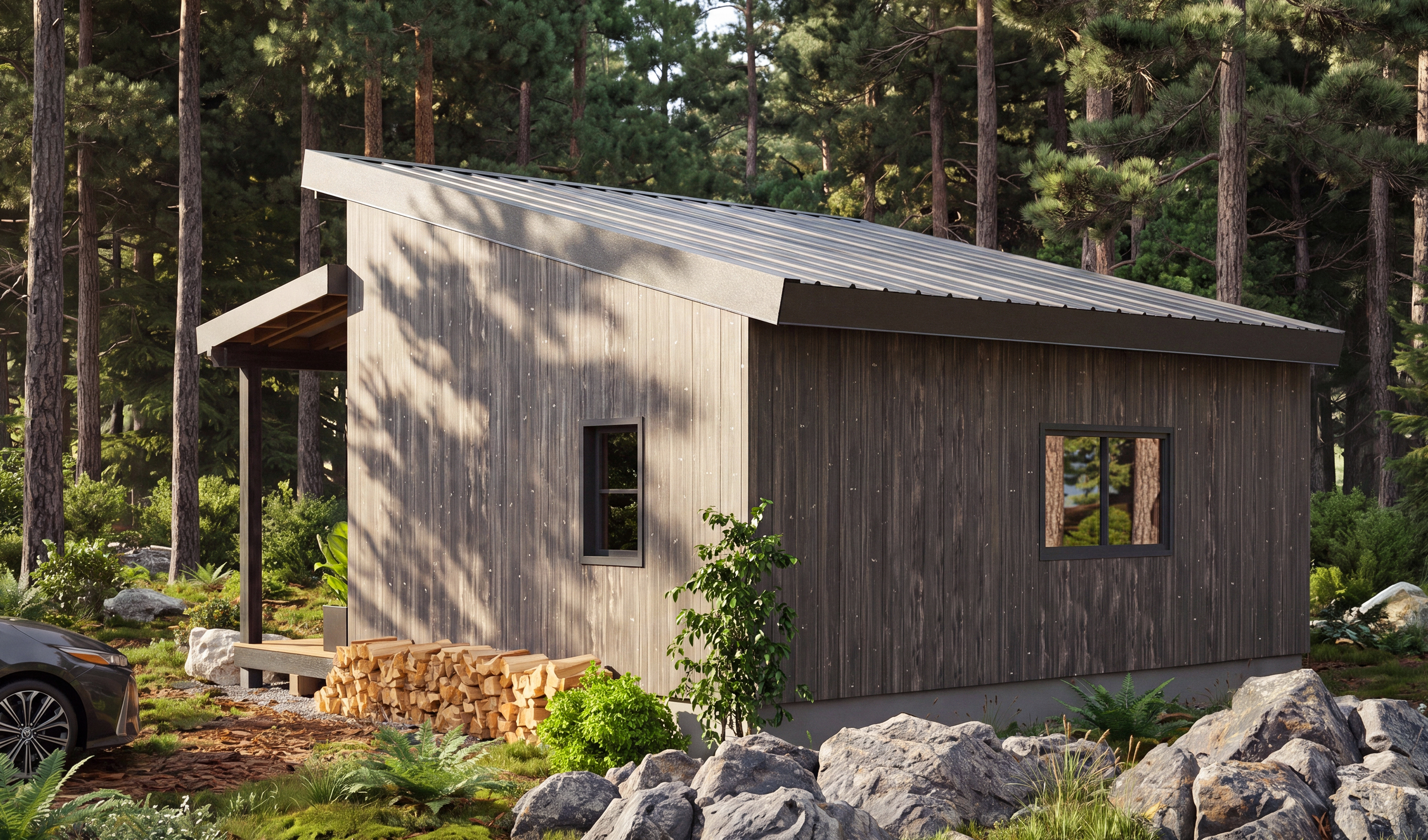 483 Sq Ft Modern Tiny House Plan with Corner Windows - Smallhouseplan.com