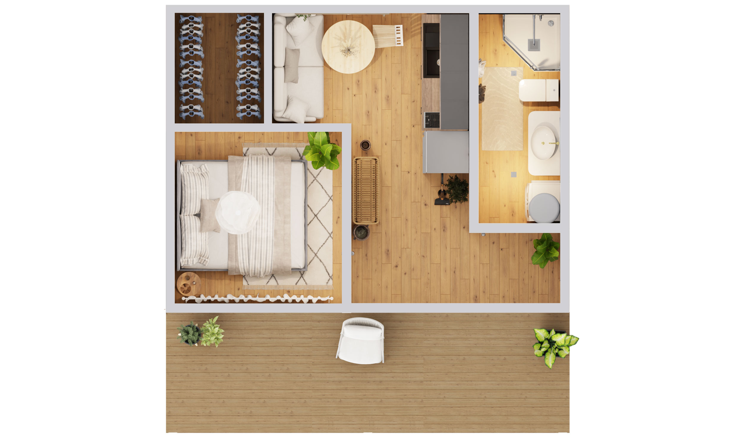 483 Sq Ft Modern Tiny House Plan with Corner Windows - Smallhouseplan.com