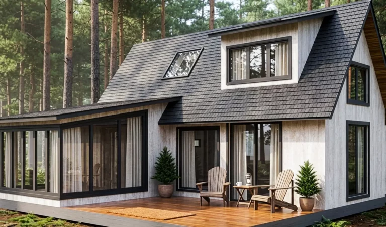 Small wood cabin with gable roof, glass sunroom and timber deck