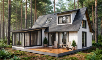 Small wood cabin with gable roof, glass sunroom and timber deck